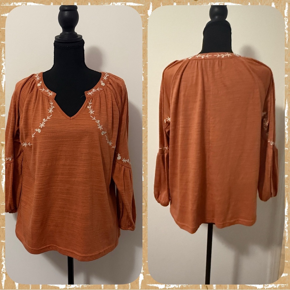 Knapp Studio Women’s Embroidered Terracotta V-Neck 3/4 Sleeve Blouse-Sz Small